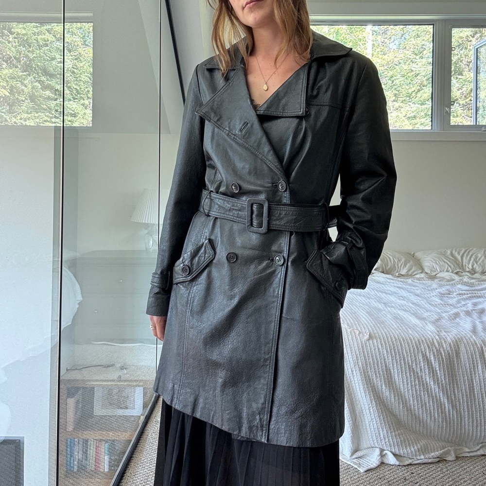 Vintage Black Leather Trench Coat